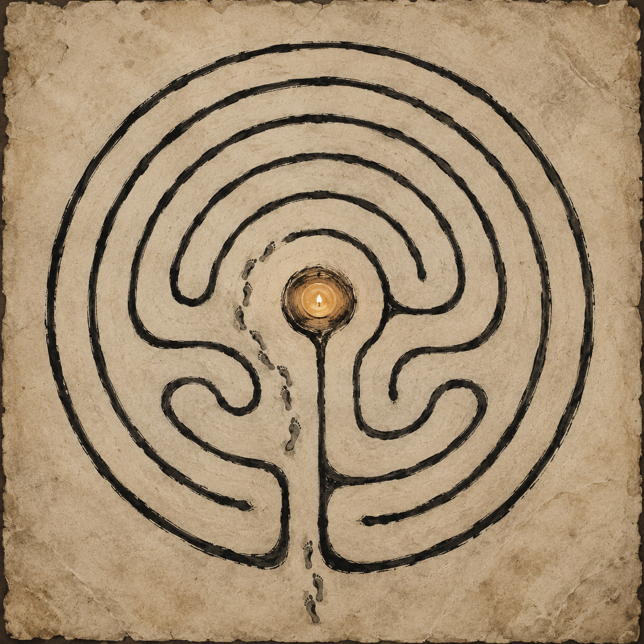 A hand-drawn labyrinth with footprints leading to a candle at the center
